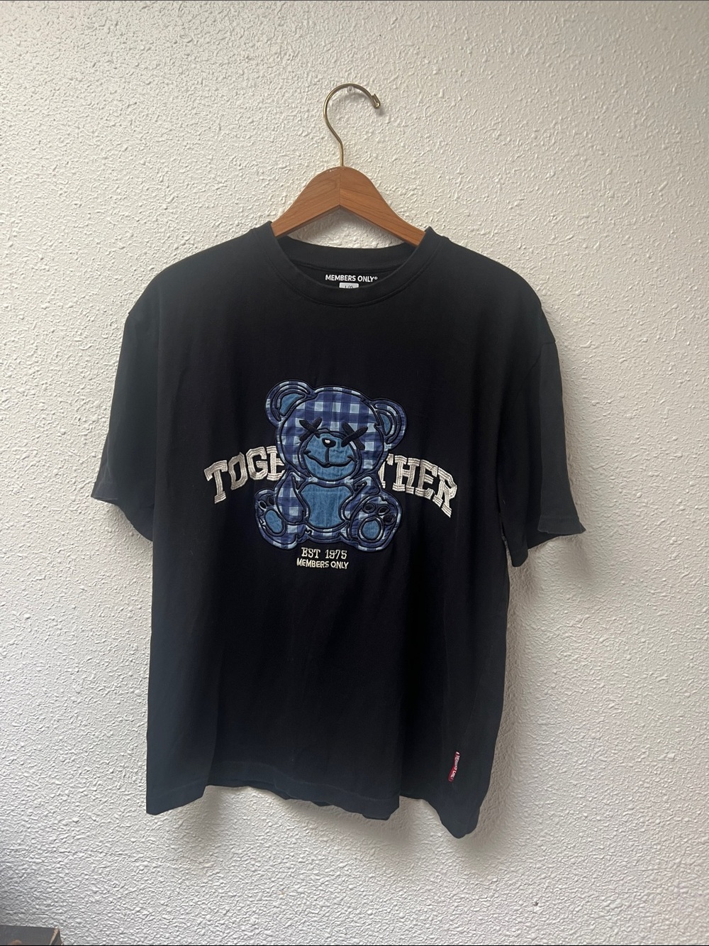 Members Only Black Tee with Blue Plaid Bear Graphic